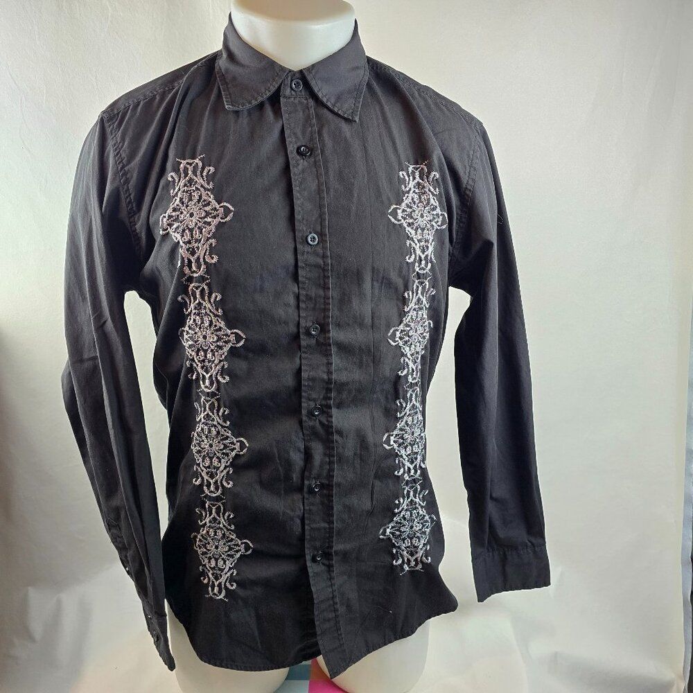 B52 Mens Shirt Large Black Embroidered Button Up Western Dress Casual Y2k